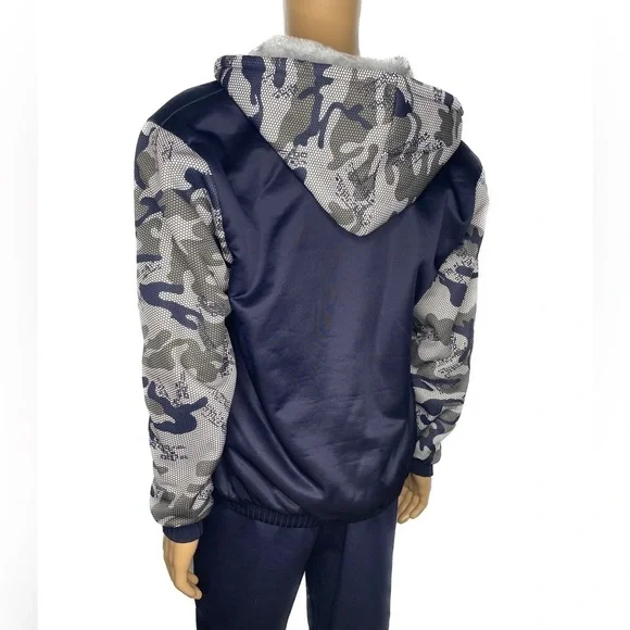 Fleece Lined Camo Hooded Jacket (Size: 4XL Youth, Color: Navy Blue/Grey) - Picture 2 of 4